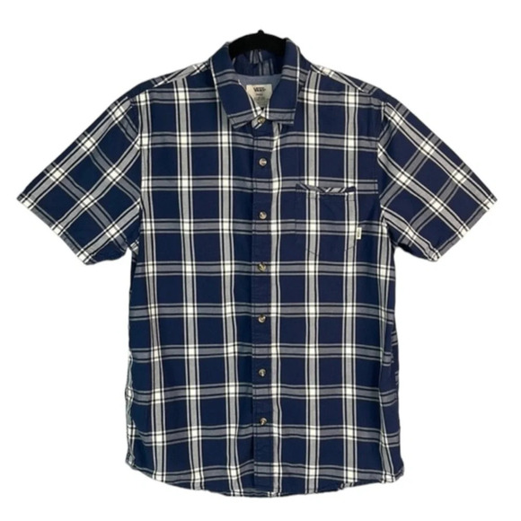 VANS Mens Stafford Plaid Button Down Shirt Classic Fit Navy Logo Skater Size S - Picture 2 of 12